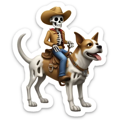 A skeleton riding a dog with a cowboy hat sticker