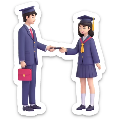 Japanese male high school student giving second uniform button to girl during graduation confession sticker