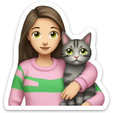 Brunette girl with long hair and green eyes in a pink sweater hugs a gray striped cat. The cat has brown eyes sticker