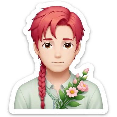 Gorgeous pastel red hair with a thin braid on the side anime style handsome sexy gojo guy with blushing face and flowers aesthetic trending style outside sticker