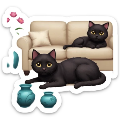 schwarze Katze auf dem Sofa mit unschuligem Blick und Hund auf dem Boden vor einer zerbrochenen Vase - Zimmer ist verwüstet, Kissen liegen unten sticker