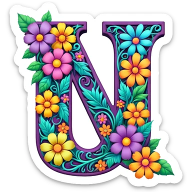 3D, gothic style psychedelic colored Letter U with hippie style flower border sticker