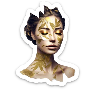  Hemp 420 lady face melting gold drizzle kintsugi multicoloured funky palm leaves tropical made of 420 origami newspaper roses hemp leaves bokeh and paper and hemp leaves in hair sticker