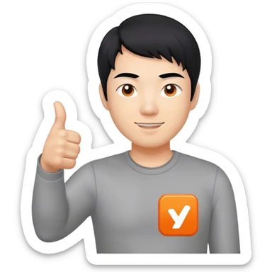 Thumbs up, but with black hair representing an asian man. Grey shirt, with a small logo that is shaped in solid Orange, and a white "Y" inside of it. sticker