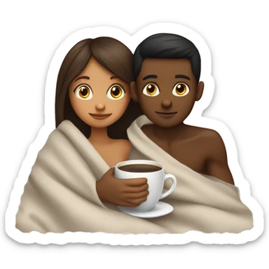 TAN SKIN GIRL AND BROWN SKIN BOY inside a blanket sipping coffee sticker