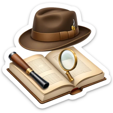 Icon for Detective Reading: an open book with a magnifying glass on the pages, a classic detective hat, and a pipe, surrounded by clues like footprints, a revolver, and a notepad. The icon should represent the mystery and intrigue of detective stories. Transparent background. sticker