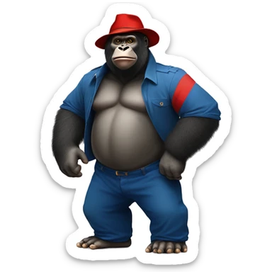gorilla in paddington bear's  blueclothes and red hat, full body musular  sticker