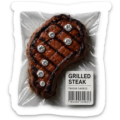 grilled steak with scattered diamonds, glossy, vacuum-sealed style sticker