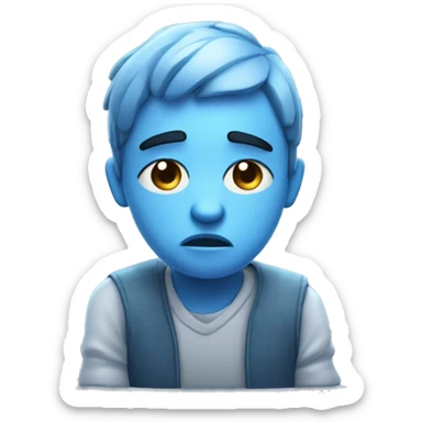 A sad 3D character sitting with slouched shoulders, looking down, and frowning. Teardrops on the face, hands resting in their lap, with soft blue tones enhancing the melancholic mood. sticker