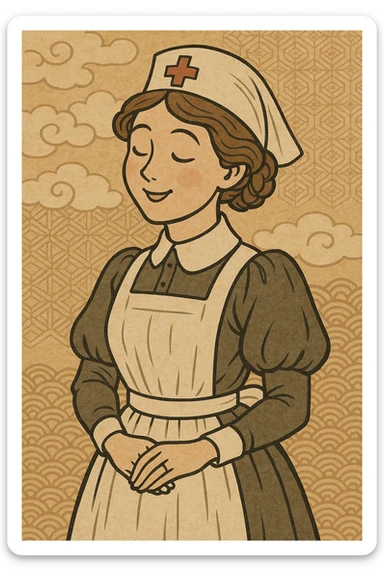 a Victorian nurse in period uniform, looking happy, ukiyo-e style sticker