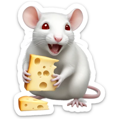 White rat with red eyes eating cheese sticker