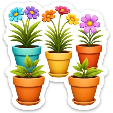 flower pots object icon, colorful plant pots with blooming flowers, ceramic and clay textures, vibrant garden vibe, 3D cartoon style, mobile game icon style, centered composition, clean background, no text, no watermark
 sticker