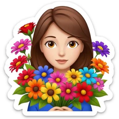 brown hair woman with big bouquet of flowers sticker