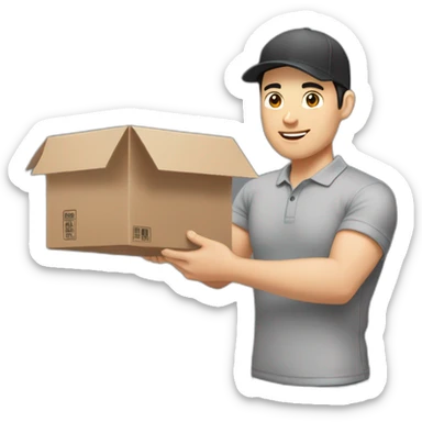 Pale skinned fit Man with black hair in a gray cap and gray polo T-shirt keeping a pasted box into his hands sticker