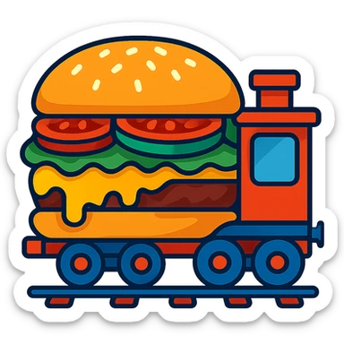 a single train car shaped like a cheeseburger, with melted cheese, lettuce, tomato, and sesame seed bun, playful and colorful, cartoon style sticker