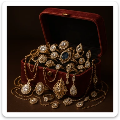 an open dark red jewelry box overflowing with necklaces, rings, and earrings sticker