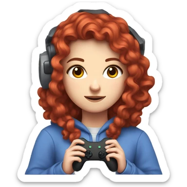 a white girl with long red curly hair, wearing periwinkle Minecraft hoodie holding a controller sticker