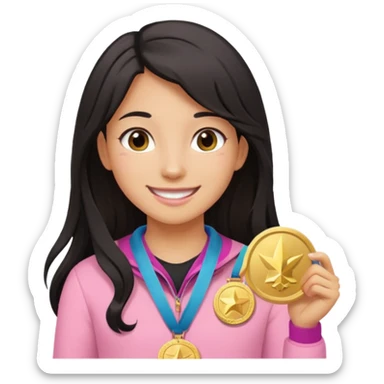 black haired girl wearing pastel pink with one medal, remove any hats, make her smile, make her hair longer, make her tan. no blue please and i said one medal only sticker