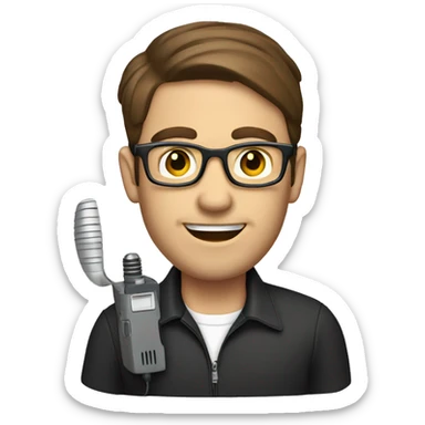 A man with brown hair and glasses holding a radio walkie talkie sticker