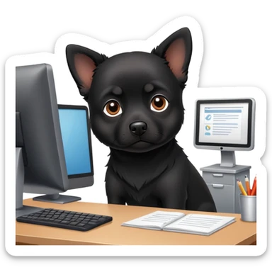 small black dog at the office sticker