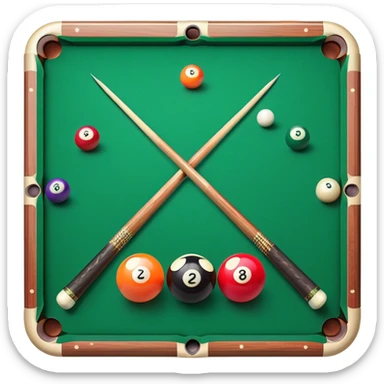 Two crossed pool cues resting on a billiard table, with colorful billiard balls scattered across the surface. The background features the felt of the table, creating an inviting atmosphere for a game of precision and strategy sticker