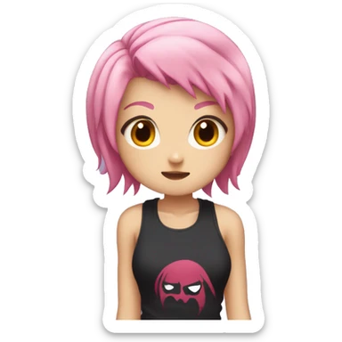 anime girl in sportswear, a tank top, pink hair and fangs like a vampire, but small sticker