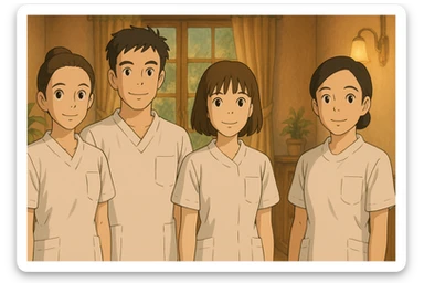 four nursing students standing side by side, resembling four provided faces, wearing white short-sleeve medical uniforms with V-neck, left chest pocket, no collar, no undershirt, no stethoscope, warm indoor ambiance, Ghibli style sticker