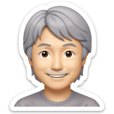 ​Cinematic Realistic Portrait of a Smiling Shigeru Miyamoto, depicted with warm, approachable features, gentle grey-tinted hair, and kind, expressive eyes, set against a subtle backdrop hinting at iconic video game imagery, rendered with lifelike textures and soft, inviting lighting that captures his innovative spirit, sticker