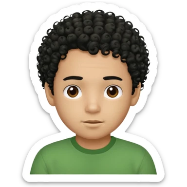 Curly, dominican boy, Phototype II, black hair, with green shirt sticker