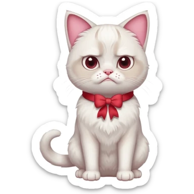 A White grumpy cat with light pink ears and paws and with a bow around its neck. The cat shall be standing on two legs sticker