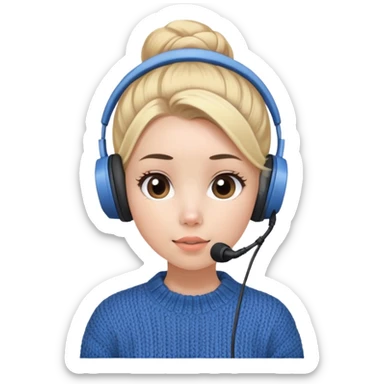a cute face girl have bright white skin
and small natural peach lips with blue knitwear
with a blonde one hair bun and her job
is a podcaster (recording microphone
in front of her not held and a
headphone in her head) sticker