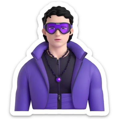 male athlete with white skin and moderately curly black hair on top with shaved sides, wearing ski goggles with purple frames and very dark black lenses, a simple plain black chain necklace, and a completely unzipped/wide open shiny purple vest fully revealing his chest and abs, no earrings sticker