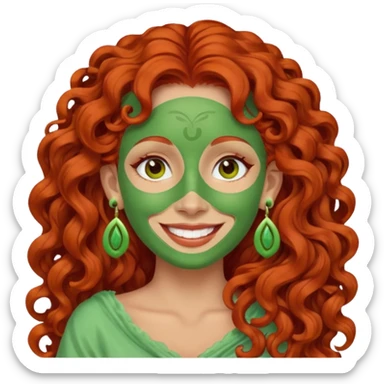 red haired very long curly haired woman with full face light green clay mask  and big earrings  sticker