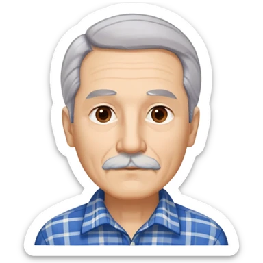 Senior Hispanic man with light complexion. Elongated face with wise expression. Relaxed brown eyes with gentle gaze. Thin eyebrows. White mustache connected to chin beard. Gray-white straight hair swept back. Wearing a beige and blue plaid long-sleeved shirt. sticker