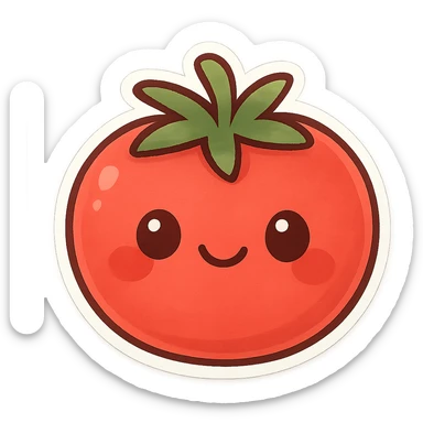 chibi sticker-style tomato with a smiling face, cute and exaggerated sticker