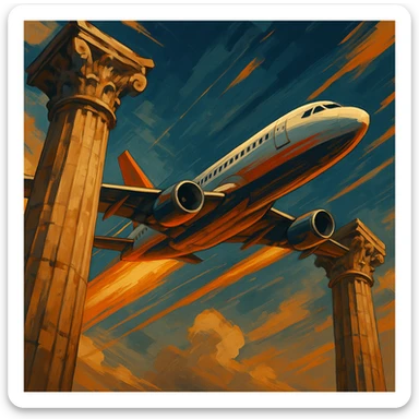 a stylized airplane speeding between two ancient stone columns, dynamic angle sticker