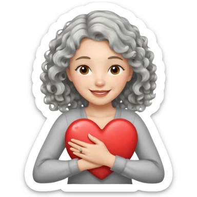 Silver hair, wavy/curly hair chin-length lady giving hug with 2 arms,  v-neck and smiling, add a heart sticker