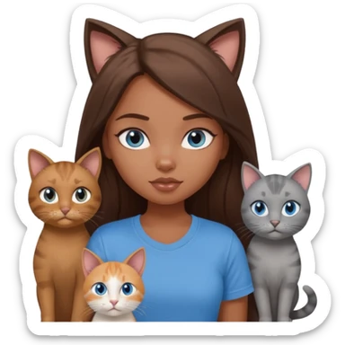 a pretty bratz dusky girl with long brown hair, blue eyes with six cats nd wearing a grey tshirt sticker