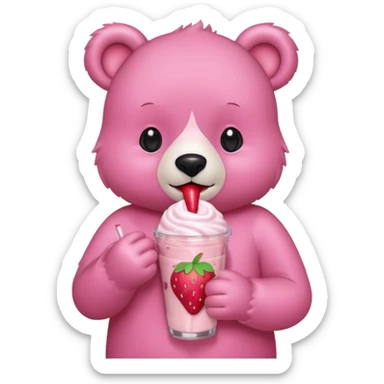 A pink bear is holding a strawberry and drinking a strawberry milkshake 
transparent background 
the style should be a teenager's hand-drawn, 2D, 2020s Japanese character-like sticker