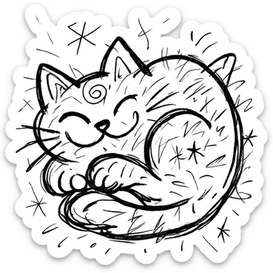 chaotic outlined icon of a cute cat curled up and purring, with exaggerated, whimsical features sticker
