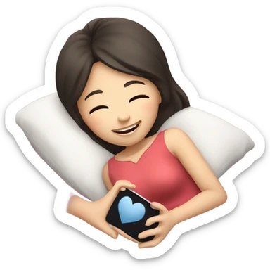 asian girl laying in bed texting her boyfriend with a heart sticker