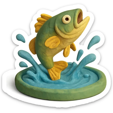 bass jumping out of a pond with water splashes, playful and colorful, claymation style sticker