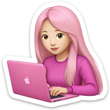 Long hair asian woman working on pink laptop sticker