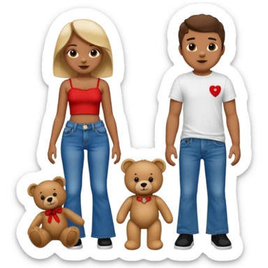 A boy and a girl teddy bear for the boy bear put on true religion shirt and jeans with black shoes and for the girl put flare jeans and a red tube top and white shoes sticker