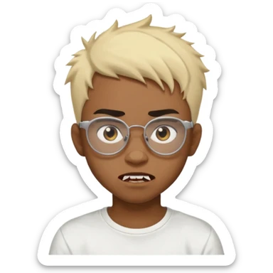 Black Male Teenager with Short punk messy blonde hair, Dark brown bushy eyebrows large expressive golden-brown eyes, wearing a plain white t-shirt, wearing glasses, Dark Brown skin color. vampire tooth sticker