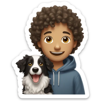 A happy curly-haired boy in a sweatshirt holds a border collie sticker
