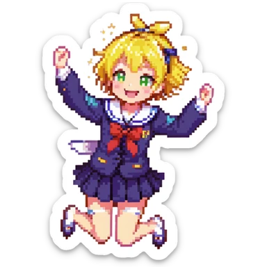 Pixel art anime girl with short bright yellow hair wearing Japanese sailor style school uniform, jumping excitedly with arms raised high, big smile and sparkling happy eyes sticker