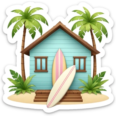 Hawaiian bungalow house, pastel colors, wooden porch, surfboard leaning on wall, palm leaves, tropical vibe, cute mobile game icon style, 3D cartoon, clean background, no text
 sticker