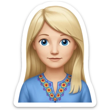 50 yr old white woman, hippie part bangs, very long straight blond hair, oval face, small smile, blue eyes, thin face, hair downback, hair parted at center of head, round cheeks, pale, longer hair, dress shirt sticker
