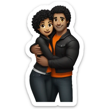 He is a muscular, well-shaped man, his hair is zero on the sides but curly on top, he is a little brunette, and he is wearing a black jacket. and the woman with light black hair and orange tips hugging him. sticker